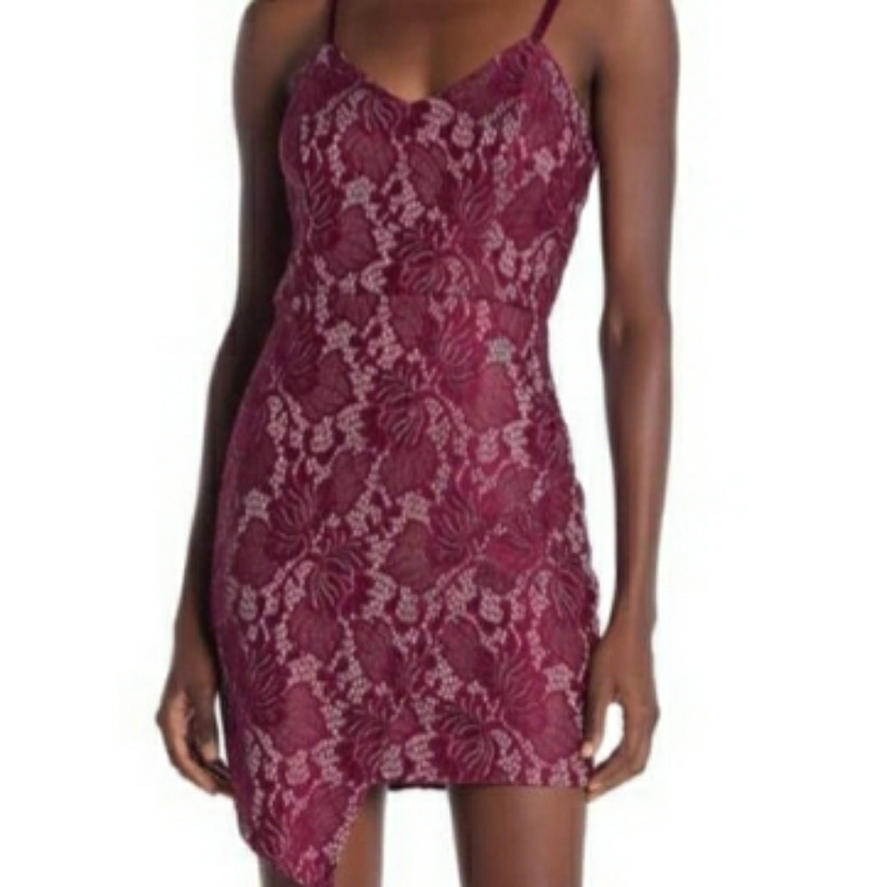 MAX + ASH Burgundy Silver Lace Asymmetrical Dress